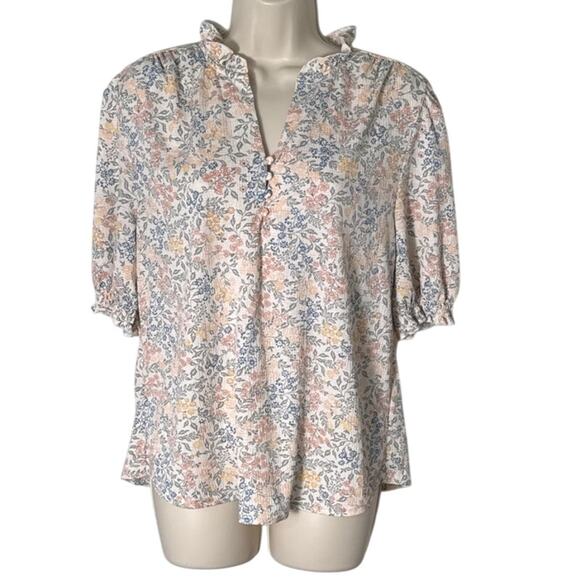 Melloday Pastel Floral Print Ruffle Detail Blouse Size L - Picture 1 of 8